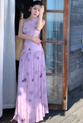 Charming A Line One Shoulder Printed Chiffon Long Prom Dress, Evening Dress