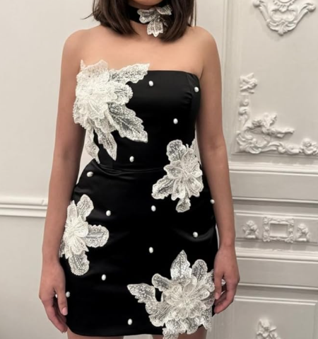 Stylish Black Satin Beaded Flowers Short Party Dress Graduation Homecoming Dress