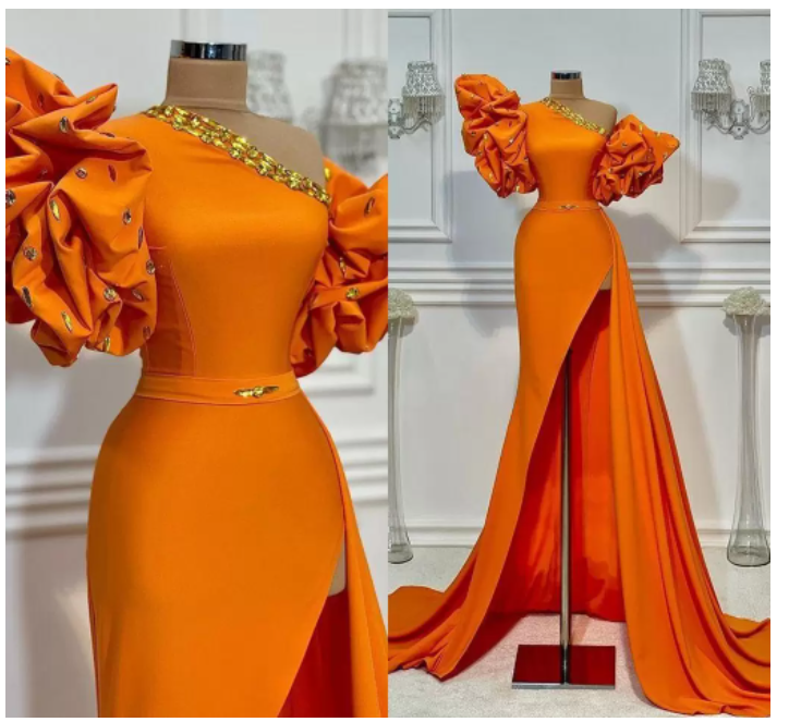 unique evening dresses long orange beaded mermaid elegant simple formal evening gown