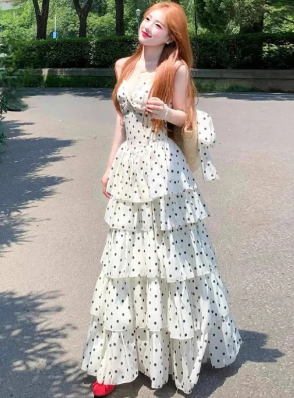 Pretty A Line Spaghetti Straps Tiered Polka Dots Chiffon Long Prom Dress, Evening Dress