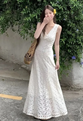 Princess A Line V Neck Lace Long Prom Dress, Evening Dress