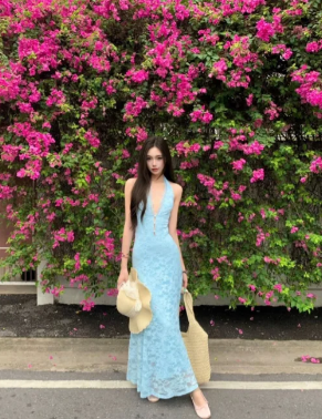 Chic Mermaid Halter Lace Long Prom Dress, Evening Dress