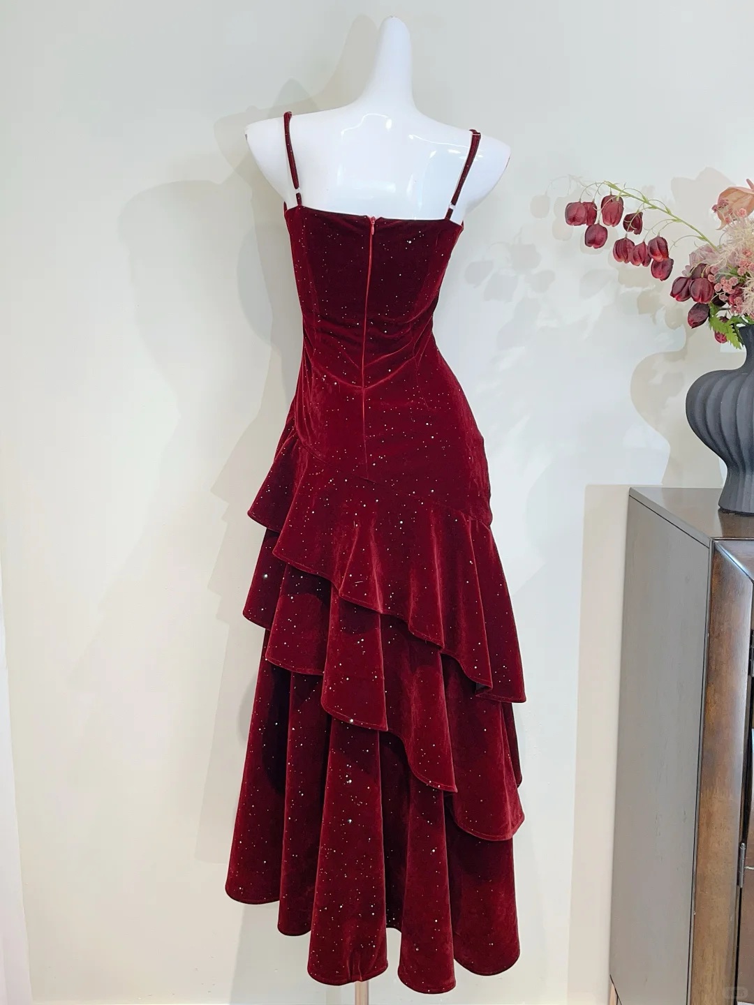 Shiny Burgundy Mermaid Spaghetti Straps Velvet Beads Long Prom Dress, Evening Dress