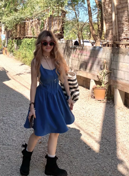 Sweet blue square neck dress, new summer style, chic Short Dress