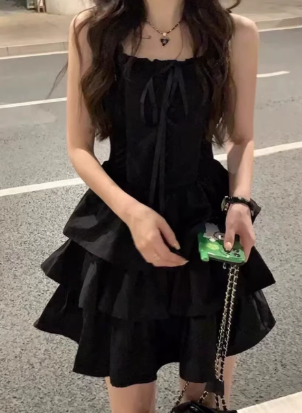 French style black slip dress,short dress