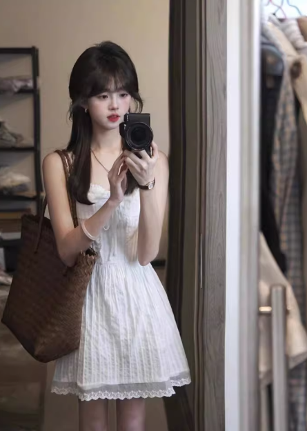 French-style white lace camisole fitted short dress