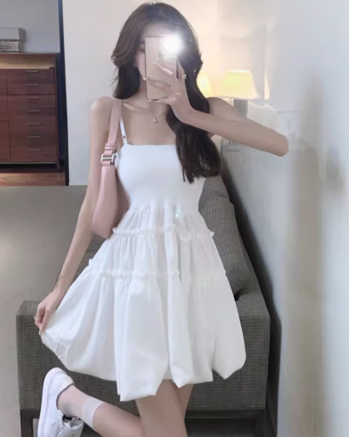 French princess dress, chic white spaghetti strap short dress