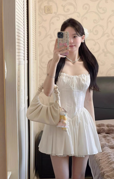 French style white spaghetti strap dress, princess short dress