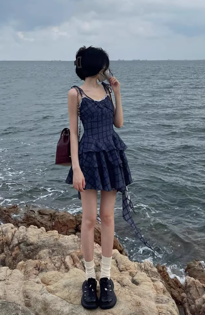 Blue plaid summer French-style irregular design puffy princess short dress