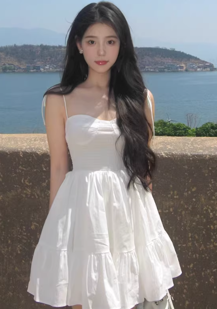 French-style pure and alluring white halter-neck backless sexy short dress