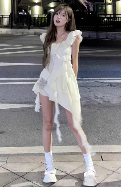 French-style tea break irregular ruffled short dress, new summer style short dress