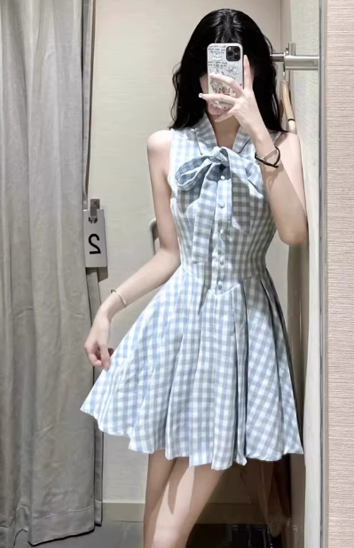 French sweet blue sleeveless plaid pleated mini skirt with bow short dress