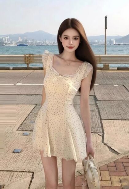 A-line polka dot lace-trimmed spaghetti strap mini dress with a stylish design short dress