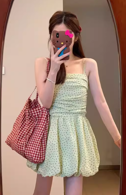 French retro style women's fitted waist green floral print short dress