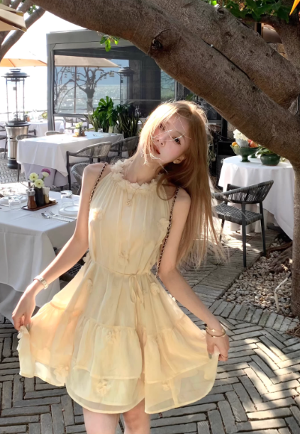 Creamy yellow halter neck dress, French style tulle short dress