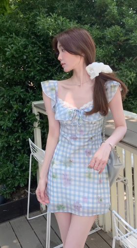New French-style plaid suspender short dress