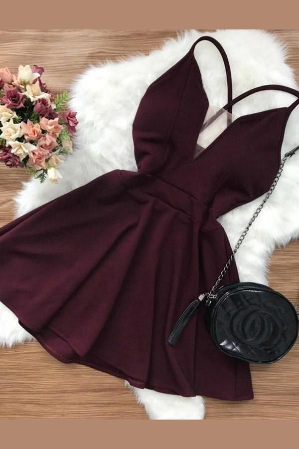 simple burgundy sleeveless v-neck fashion dress homecoming dresses