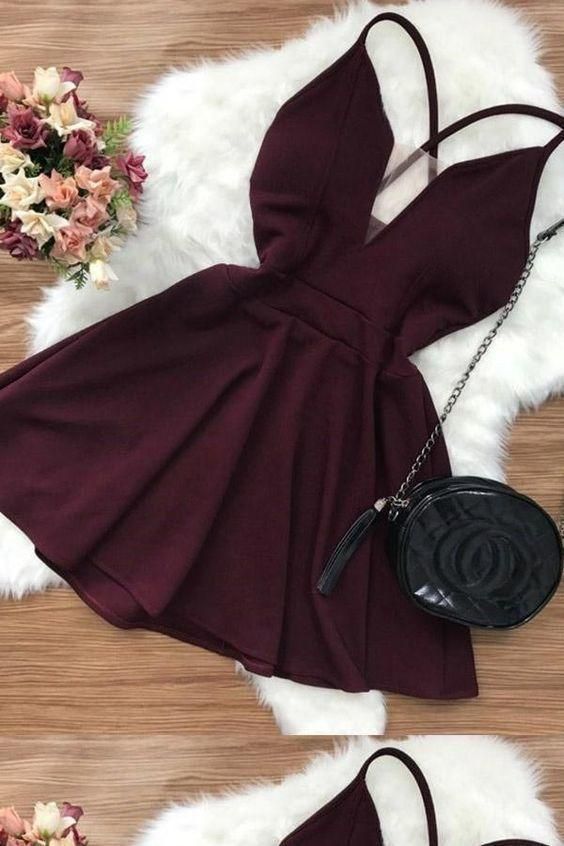simple burgundy sleeveless v-neck fashion dress homecoming dresses