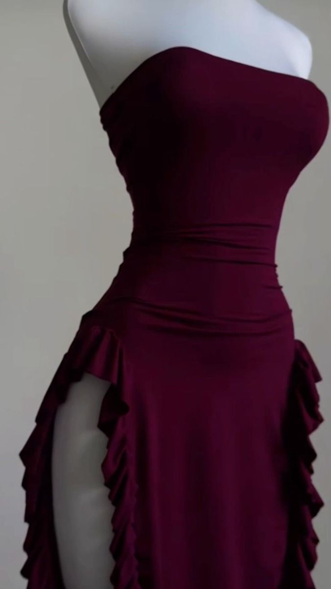 Sexy Sheath Strapless Burgundy Slit Prom Dresses Homecoming Dress