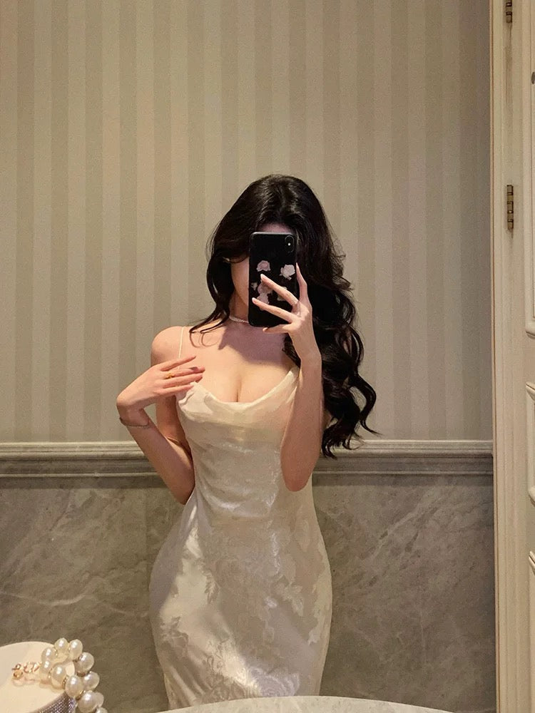 Gorgeous Mermaid Spaghetti Straps Date Night Dress Floral Ivory Satin Prom Dresses Birthday Outfit