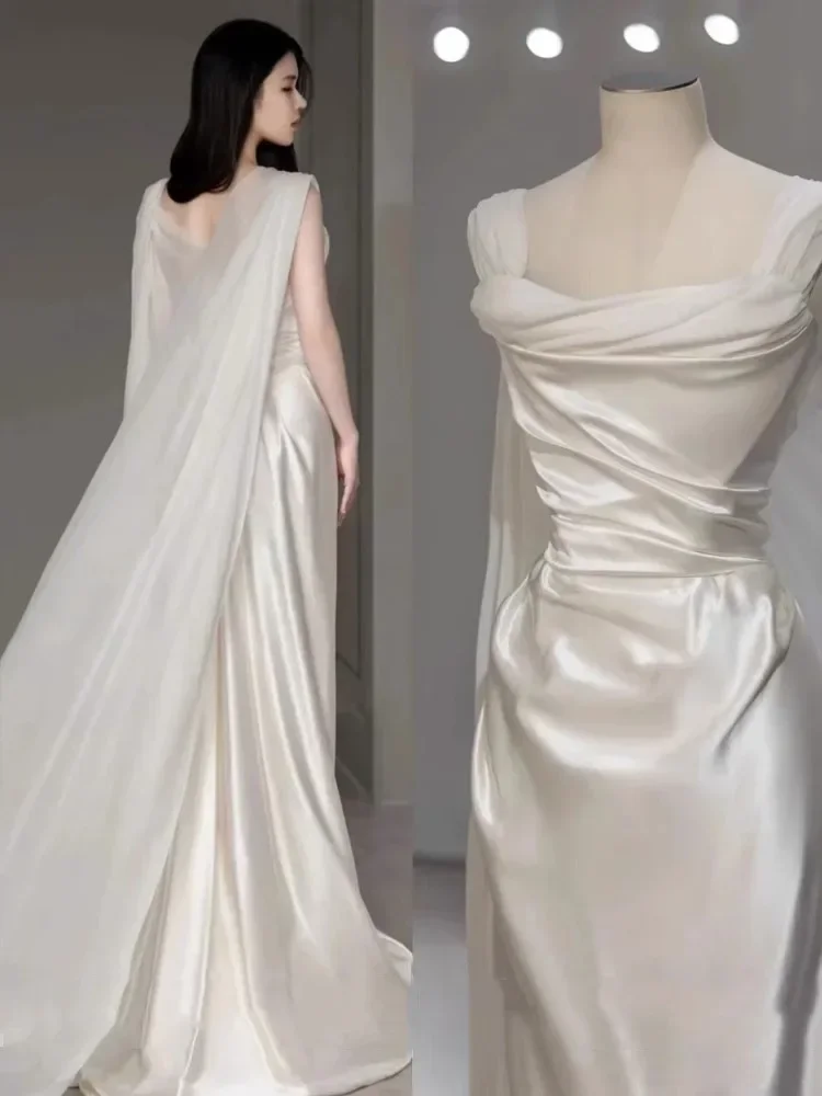 Fairytale White Satin Wedding Dress Simple Two Wear Slim Travel Photography Satin Outgoing Dresses