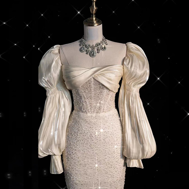 Fairytale White Satin Wedding Dress Ivory Satin Sequins Puff Sleeve Wedding Dress