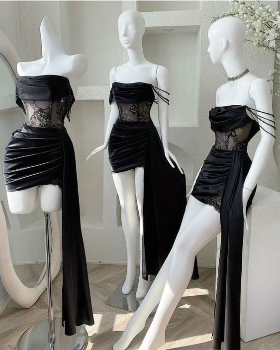 Elegant Sheath Strapless Black Satin Homecoming Dress Birthday Outfits