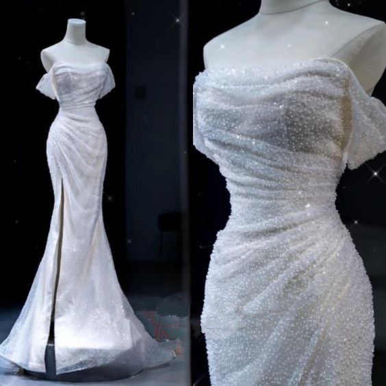 Fairytale Wedding Dress White Mermaid Sequin Short Sleeves Wedding Dresses