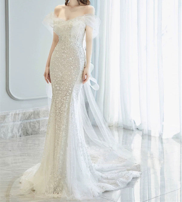 Fairytale Wedding Dress White Mermaid Off The Shoulder Short Sleeves Wedding Dresses