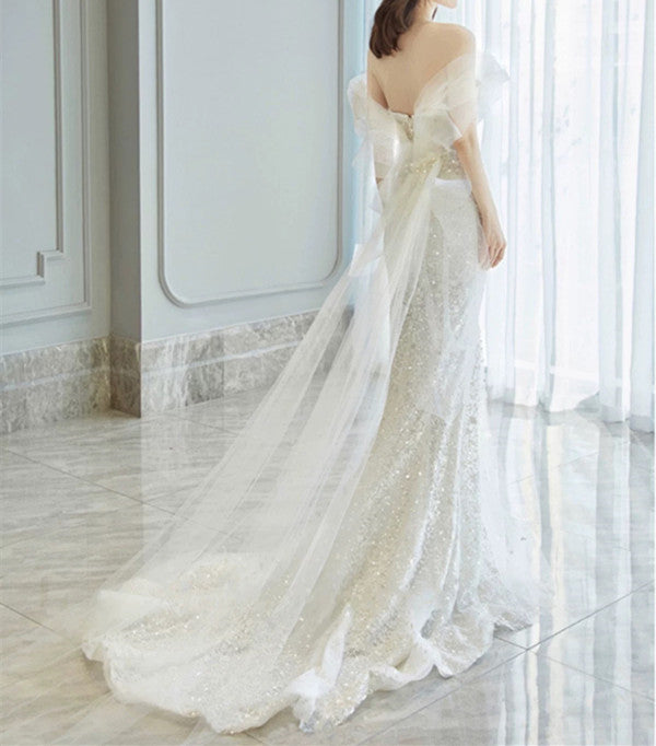 Fairytale Wedding Dress White Mermaid Off The Shoulder Short Sleeves Wedding Dresses