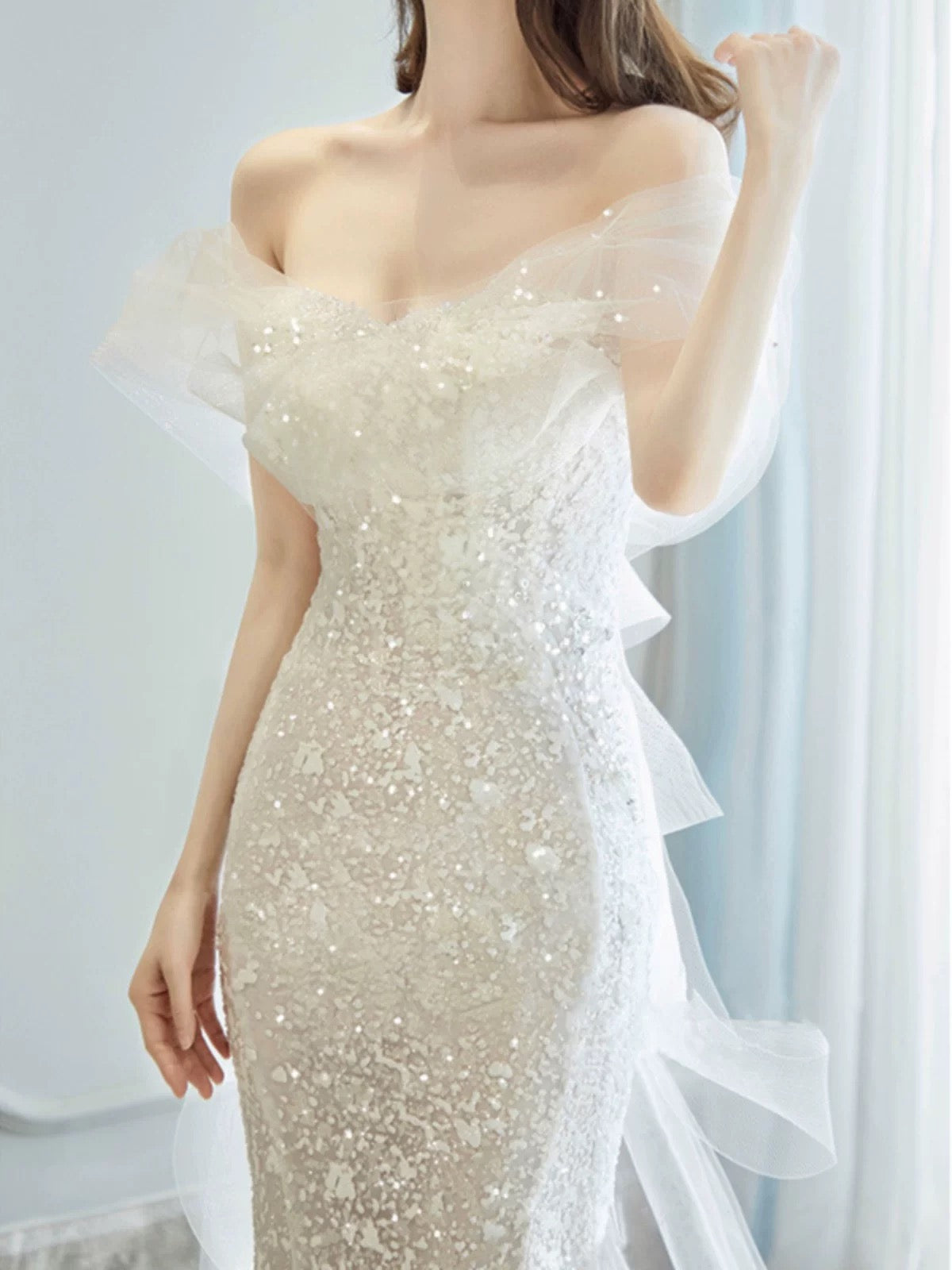 Fairytale Wedding Dress White Mermaid Off The Shoulder Short Sleeves Wedding Dresses