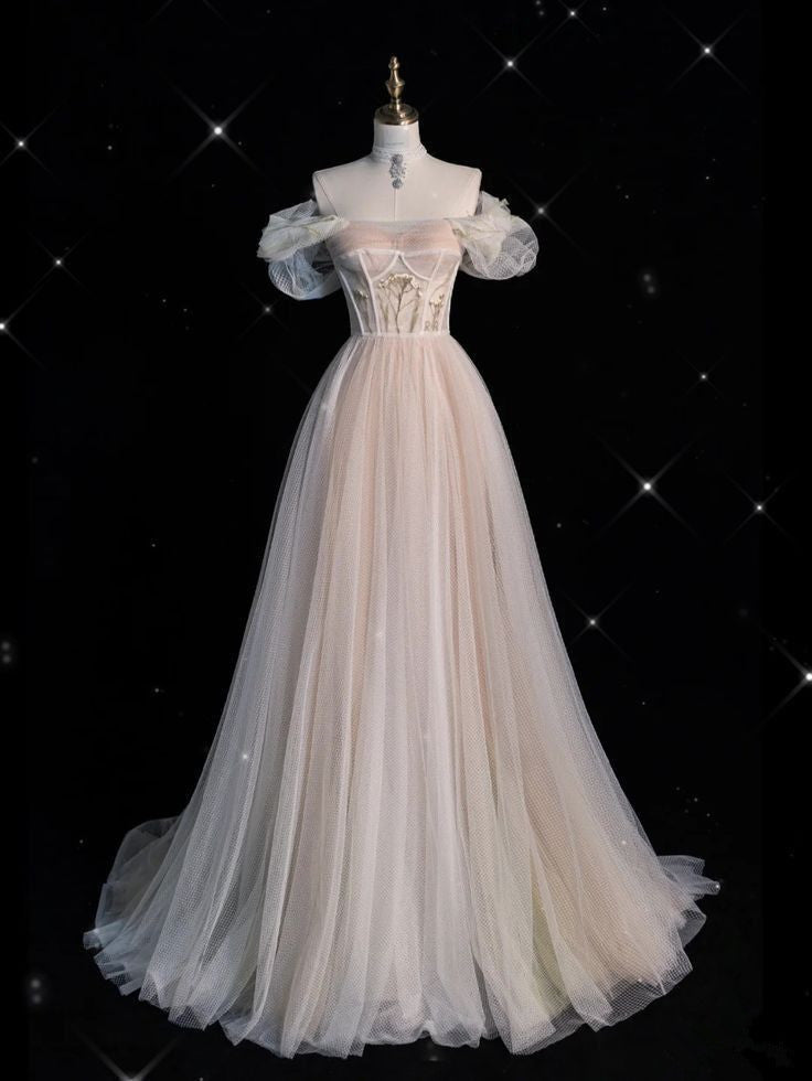 A Line Off The Shoulder Tulle Long Prom Dress