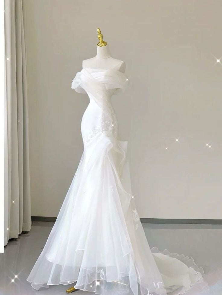Vintage Mermaid Off The Shoulder Long White Wedding Dresses