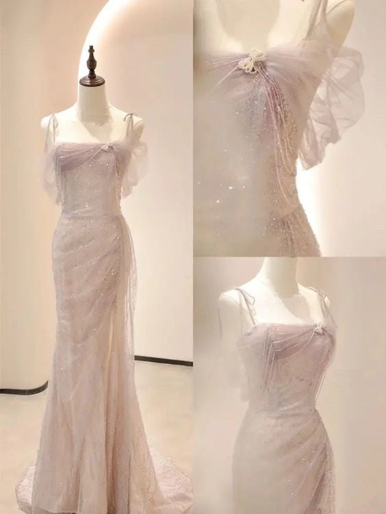 Vintage Mermaid Straps Pink Tulle Long Prom Dress