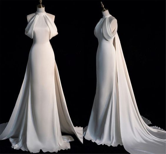 Vintage Mermaid Halter Long White Satin Wedding Dresses