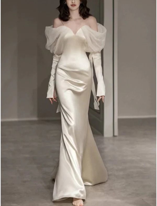 Vintage Mermaid Straps Long Sleeves Satin Wedding Dresses