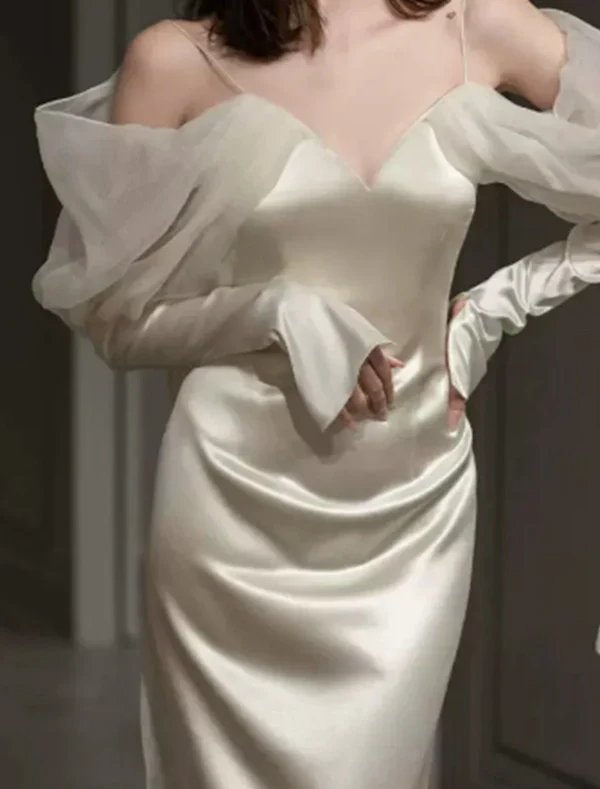 Vintage Mermaid Straps Long Sleeves Satin Wedding Dresses