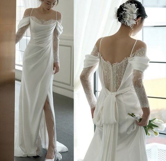 Vintage Mermaid Straps Long Sleeves Satin Lace Slit Wedding Dresses
