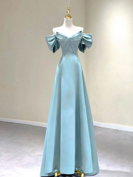 Vintage A line Straps Blue Satin Long Prom Dress