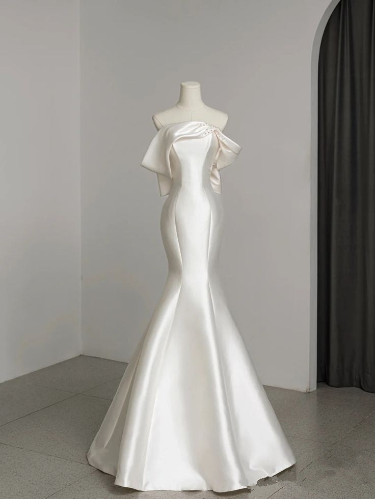 Vintage Mermaid Strapless Sleeveless Long Satin Wedding Dresses