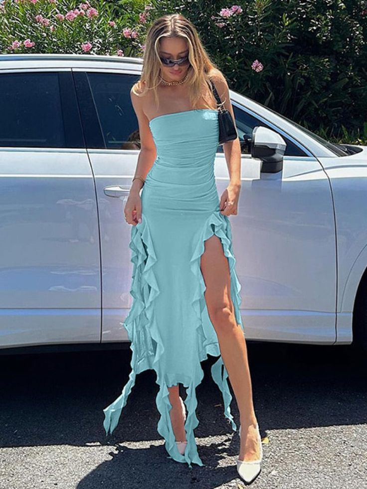 Fashion Mermaid Strapless Prom Dress Side Slit Ruffles Party Evening Dress