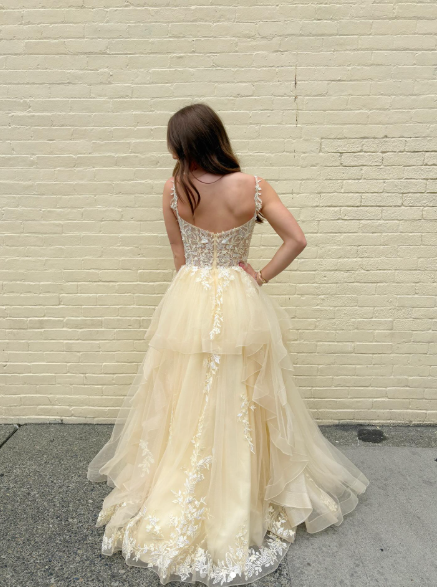 Pretty Yellow Spaghetti Straps Tulle Appliques Long Wedding Guest Dress Party Dress