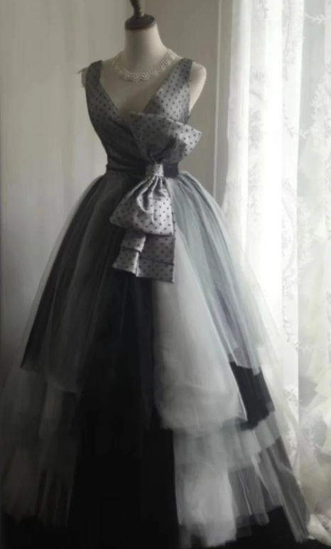 Princess A Line V Neck Satin Tulle Long Prom Dress, Evening Dress