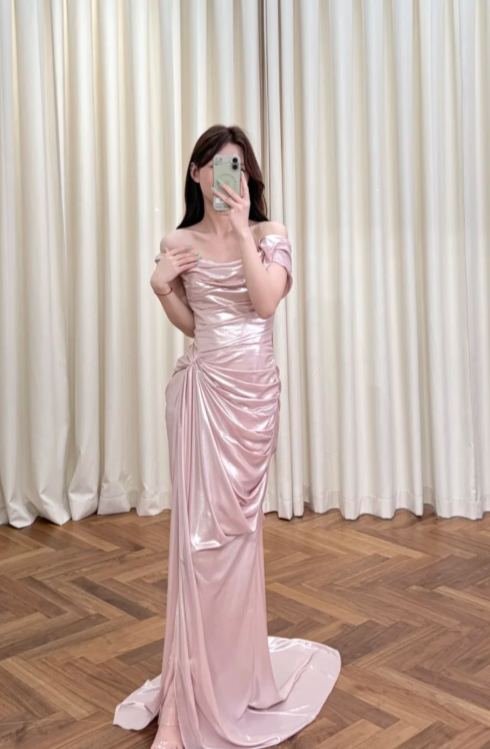 Pretty Pink Mermaid Off The Shoulder Pleated Satin Slit Long Prom Dress, Evening Dress