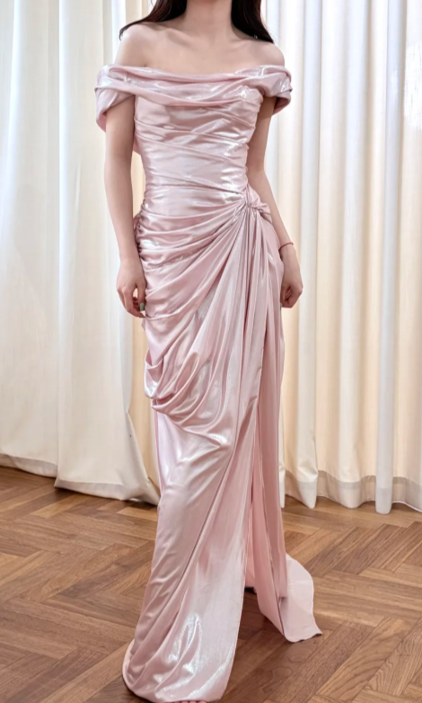 Pretty Pink Mermaid Off The Shoulder Pleated Satin Slit Long Prom Dress, Evening Dress
