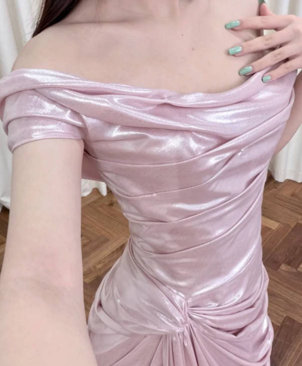 Pretty Pink Mermaid Off The Shoulder Pleated Satin Slit Long Prom Dress, Evening Dress