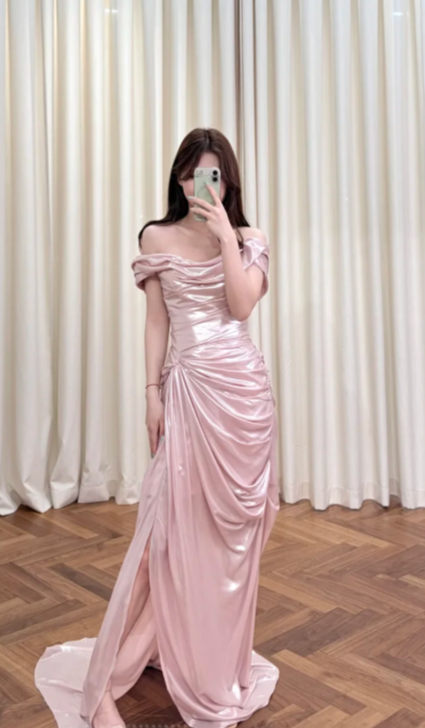 Pretty Pink Mermaid Off The Shoulder Pleated Satin Slit Long Prom Dress, Evening Dress