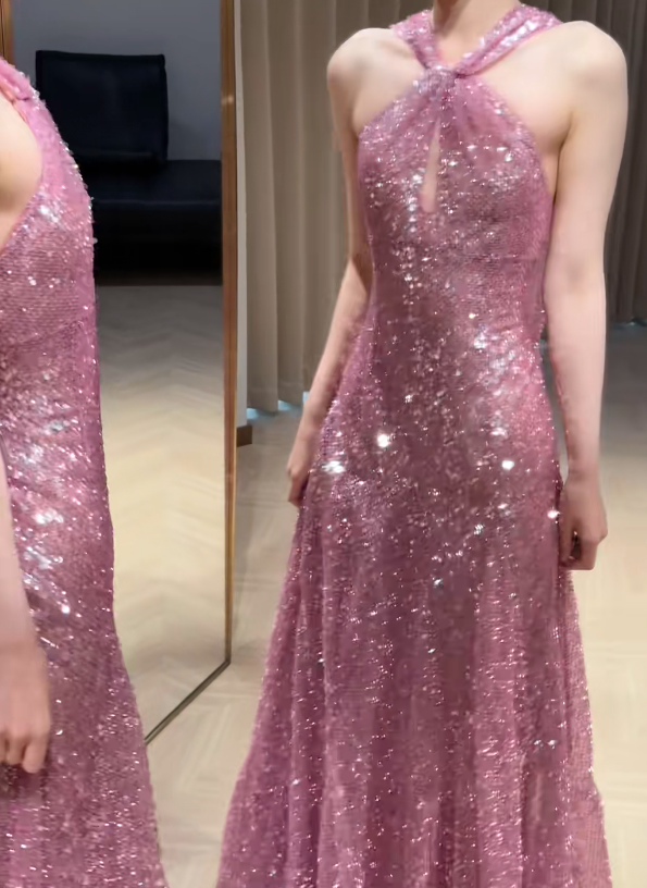 Shiny A Line Halter Sequin Long Prom Dress, Evening Dress