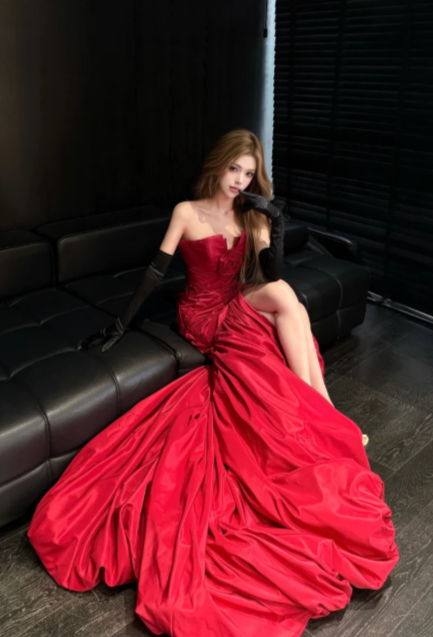 Classy Mermaid Strapless Pleated Satin Without Gloves Long Prom Dress, Evening Dress