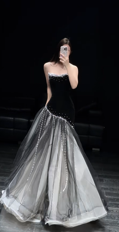 Gorgeous Mermaid Strapless Satin Tulle Beaded Long Prom Dress, Evening Dress